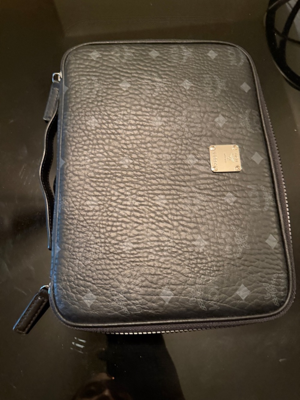 MCM Black Textured Leather Laptop Folio with Monogram